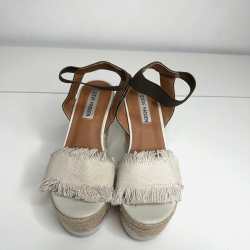 Steve Madden Venus Wedge Beige Fringed Canvas Green Ankle Espadrille Wedges 5.5 - Picture 2 of 16