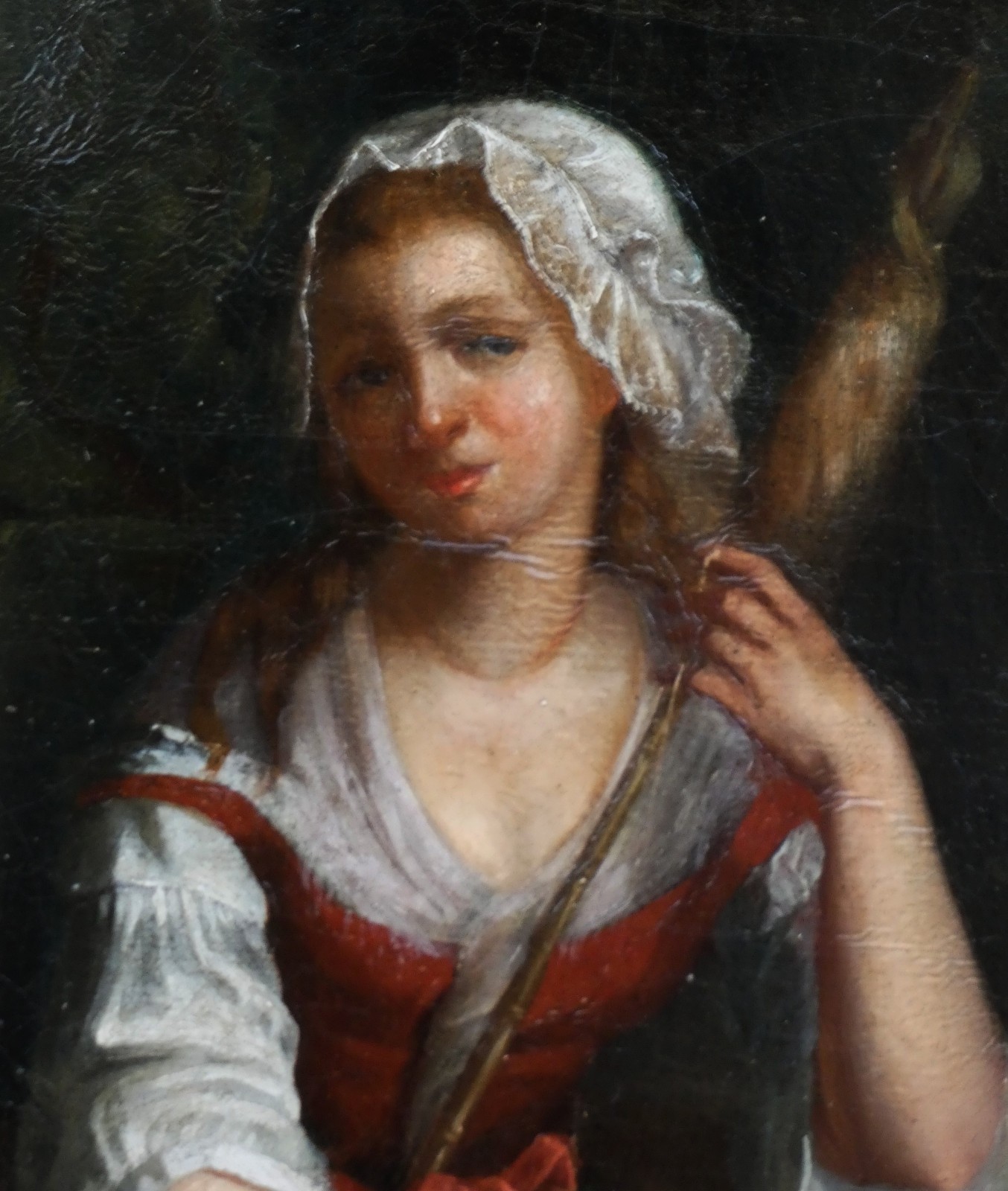 LARGE & BEAUTIFUL 19TH CENTURY CANVAS - A YOUNG SPINNER IN THE FOREST WITH A BASKET OF FLOWERS