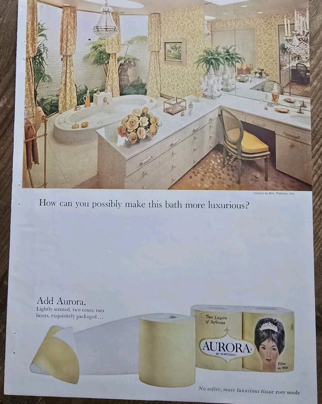 1965 Aurora Yellow Toilet Paper Luxurious Bathroom Design Ad 