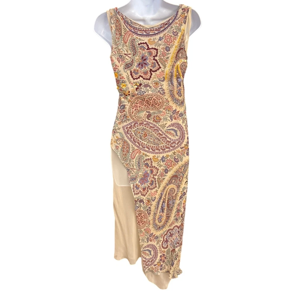 Vestido asimétrico Y2K Etro Milano bordado a mano seda cachemira Italia 40 Boho Foto 3 de 4