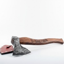 Hand Forged Viking Axe Bearded Hatchet Carbon Steel Engraved Tomahawk w/ Sheath