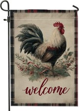 Rooster Garden Flag, Farmhouse Rustic Berries Leaves Fall Red, 12x18 Inch