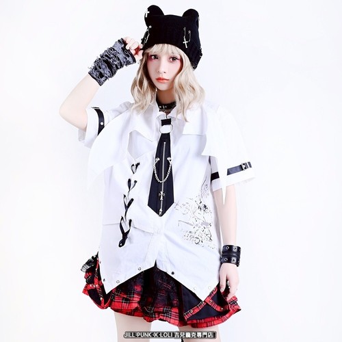 Visual emo Punk Preppy vampire envoy short sleeved dress shirt w/ tie JJ2528 - Picture 4 of 6