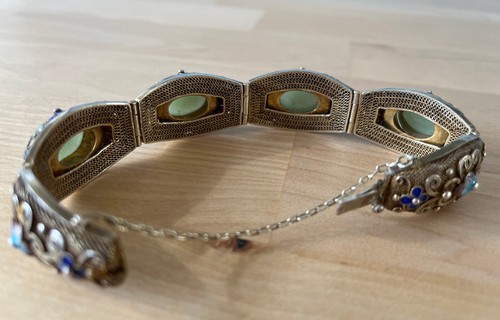 Armband Cloisonne Emaille Blumendekor grüne Jade Silber vergoldet China Silver - Bild 3 von 9