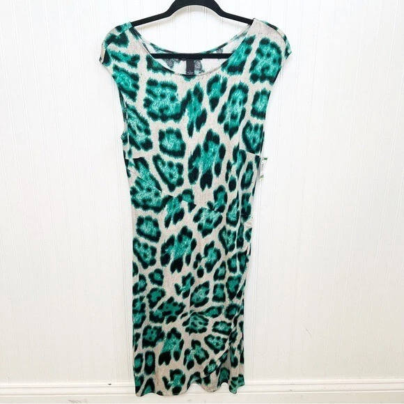 INC International Concepts NWT Turquoise, Cream & Black Fancy Leopard Dress Lg