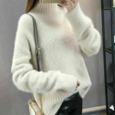 Damen Faux Mohair Rollkragenpullover Warm Langarm Cold-Shoulder Strickjacke