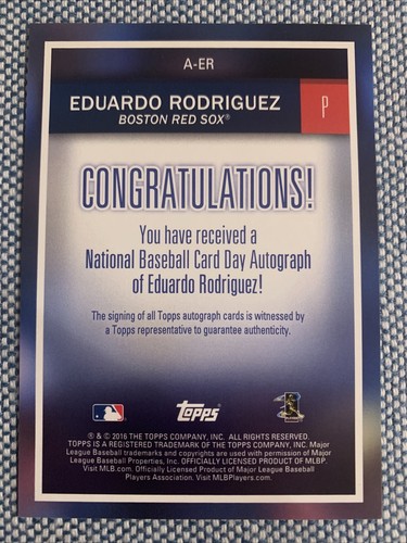 Eduardo RODRIGUEZ 2016 Topps National Baseball Card Day AUTO #A-ER 6/165 Red Sox - Picture 2 of 2