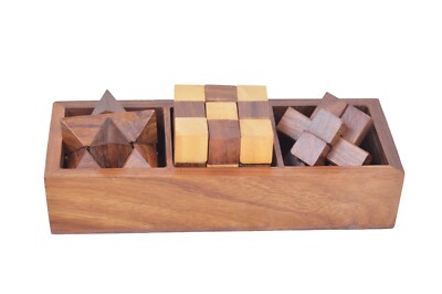 Antikes 3D Puzzle 3 in einem Knobelspiel Holzpuzzle Spiel Set mit Box für Kinder