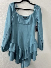 Mixed Thread Womens Long Sleeve Skater Dress Ruffle Turquoise Size M