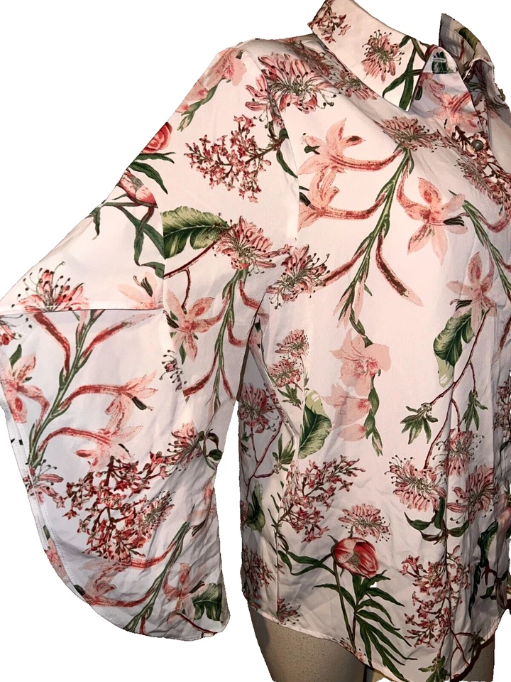 Blusa KENSIE Top Para Mujer Talla L Rosa Marfil Estampado Floral Botón 3/4 Ángel Slv Foto 3 de 4