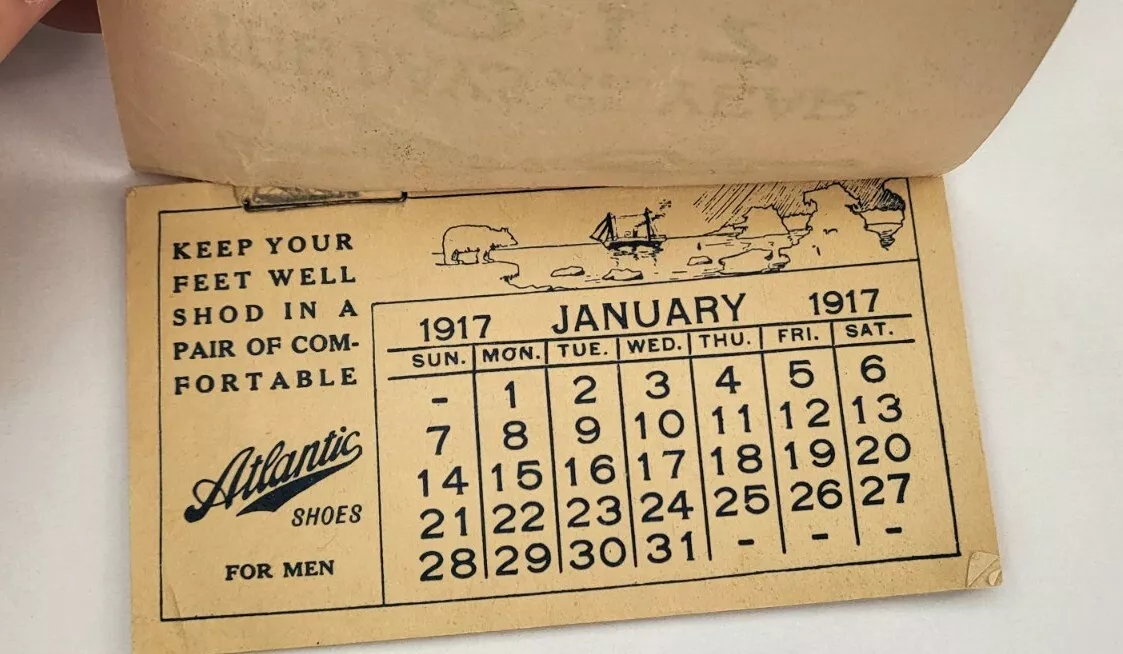 Vintage "The Days Of The Year" 1917 Advertising Pocket Calendar Atlantic  Shoes