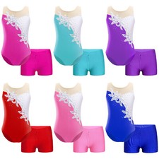 Kids Girls Leotard Gymnastics Bodysuit Adorned Tracksuit 2 Piece Dance Costume
