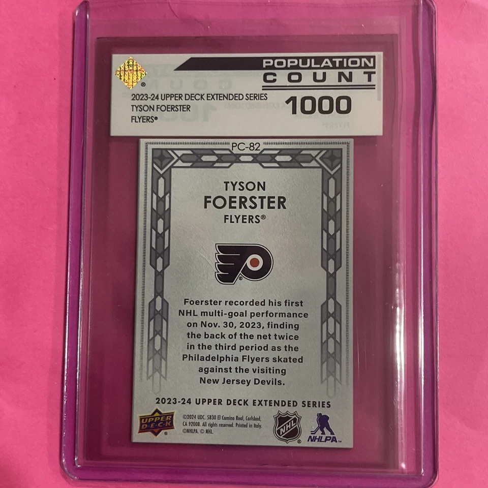 2023-24 UD Extended Tyson Foerster Pop Count 1000 Philadelphia Flyers Hockey NHL - Image 2 of 2