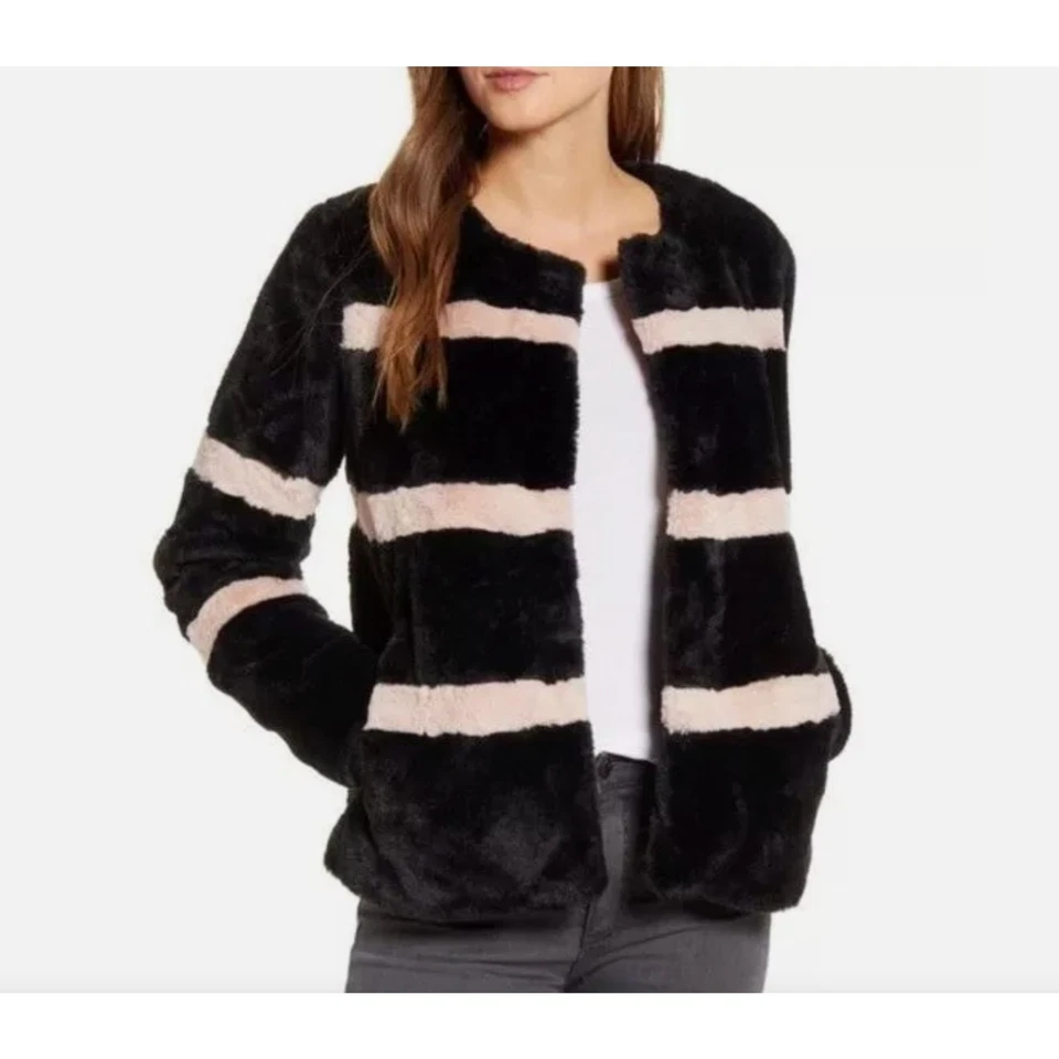 RACHEL PARCELL Black Pink Stripe Faux Fur Jacket Teddy Jacket Coat Size Small - Image 2 of 4