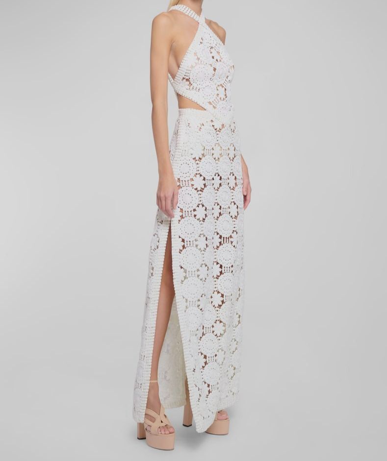 $4225 Elie Saab Women's White Lace Crochet Silk Sheath Halter Gown Dress  Size 46