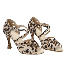 Women Leopard Latin Satin Dance Shoes Professional Soft Soles Dance Sandals