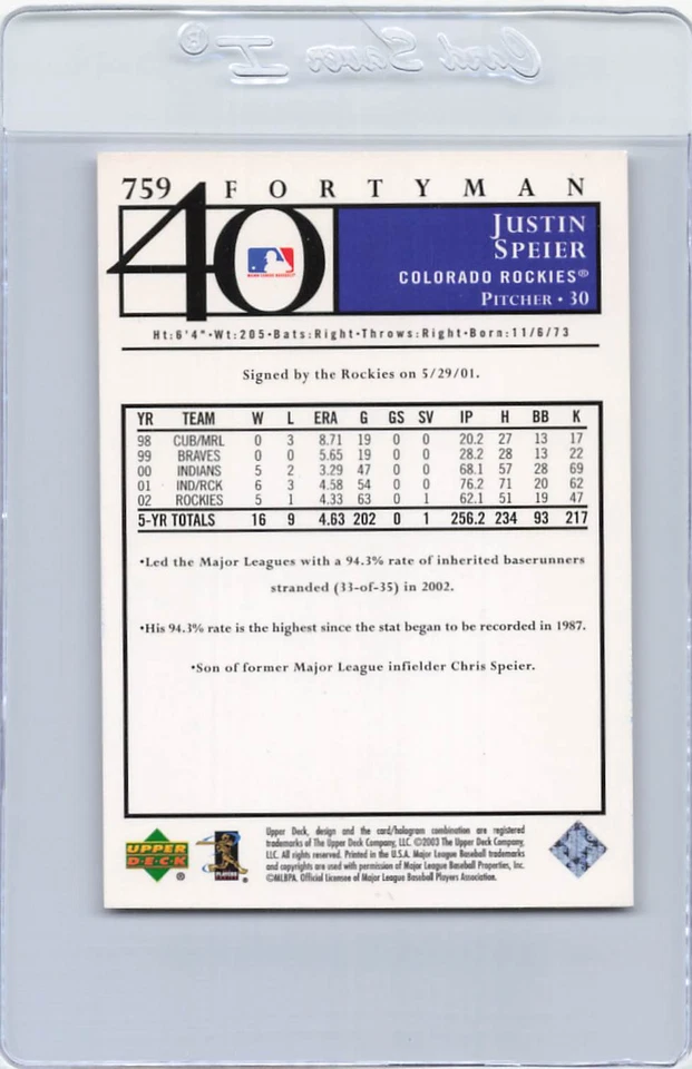 2003 Upper Deck #759 Justin Speier Rockies Signed Auto *H7153 - Image 2 of 2