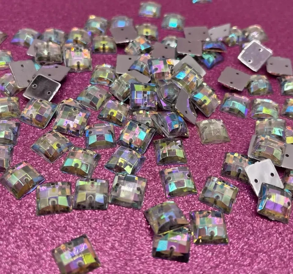 100 x Sew on Holed Acrylic Square 10mm Diamante Crystal Gems Rhinestone - Image 3 of 4