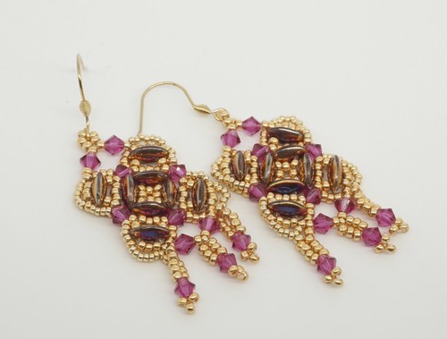 orecchini pendenti cristalli swarovski fuchsia perline vetro oro regalo - Foto 6 di 11