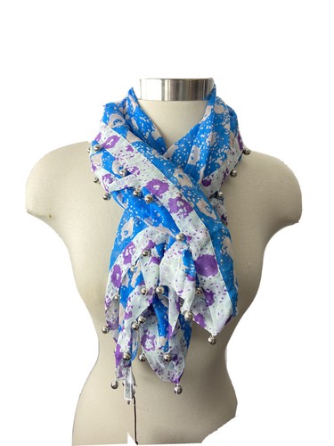 Scarf Blue Print Silver Beaded Silk NWT 