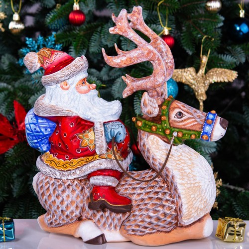 Wooden Carved Santa Figurine riding a Reindeer 12", Christmas home decoration - Picture 9 of 13