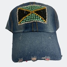 Jamaica Rhinestone Baseball Cap Black Green Gold Jamaican Jean Denim Hat Bling 