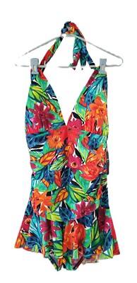 Chaps Size 18 Floral Tropical One Piece Swimsuit Halter Tie Molded Cup New