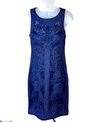 Sue Wong Dress Blue Floral Embroidered Lace Sheath Dress Size Cocktail  Wedding