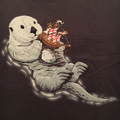 fashion funny WOOT! t-shirt--CUTE OTTER HOLDING SAILING SHIP--USA made--NEW--(M)