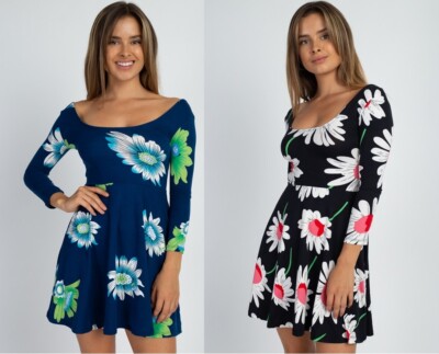New Women's Long Sleeve Floral Print Summer Dress Flare Mini Skirt BD2119 |  eBay