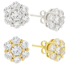 10mm - Round Flower CZ Cluster Sterling Silver Hip Hop Stud Earrings