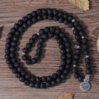 Volcanic stone bead bracelet Tibetan silver pendant Cuff Unisex Minimalist Charm