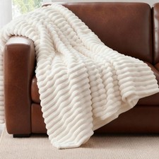 Cream Soft Lightweight Ribbed Striped Plush Fleece Cozy Throw Blanket 50x60 In