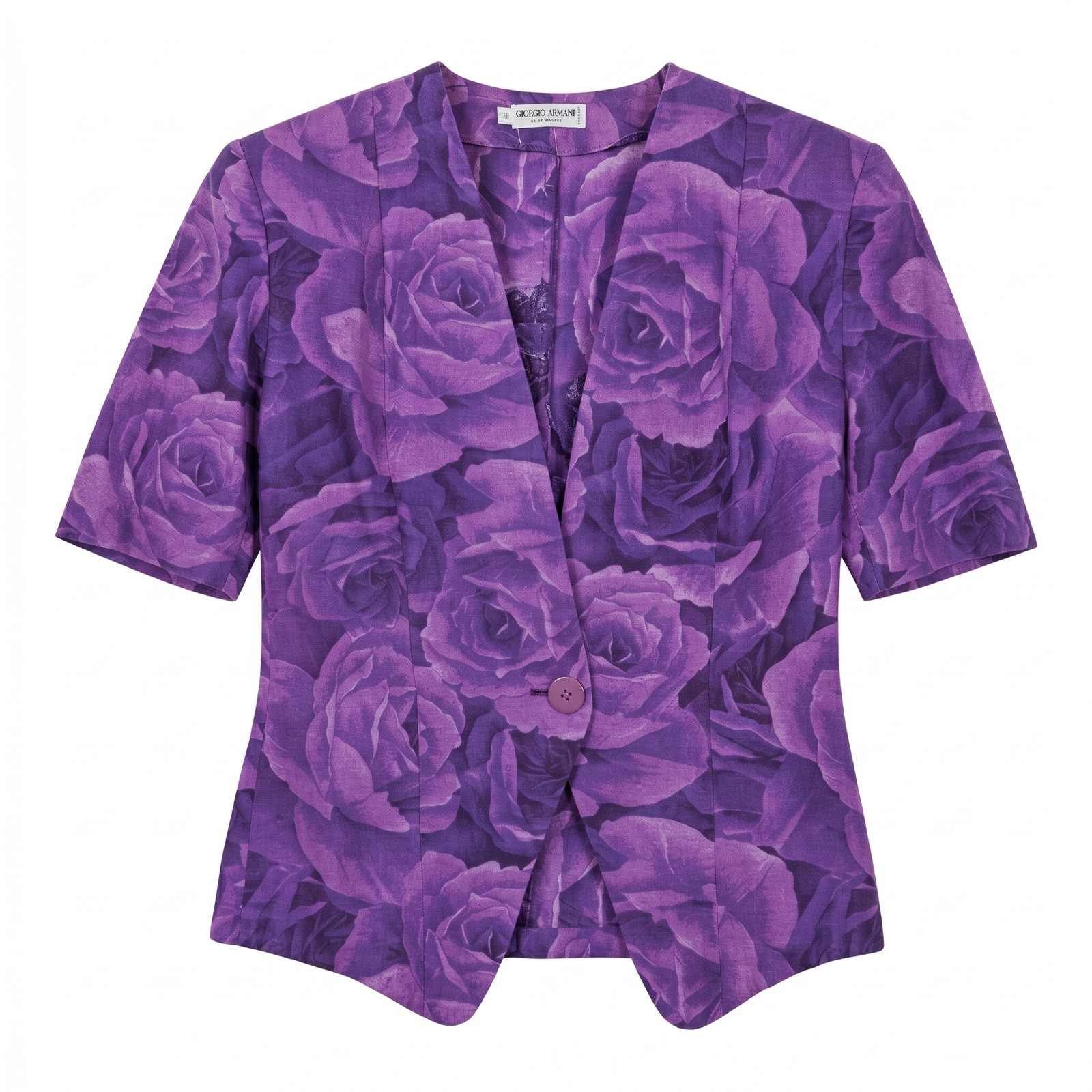 Giorgio Armani, Vintage Giorgio Armani Purple Rose Print Short Sleeve Fitted Jacket