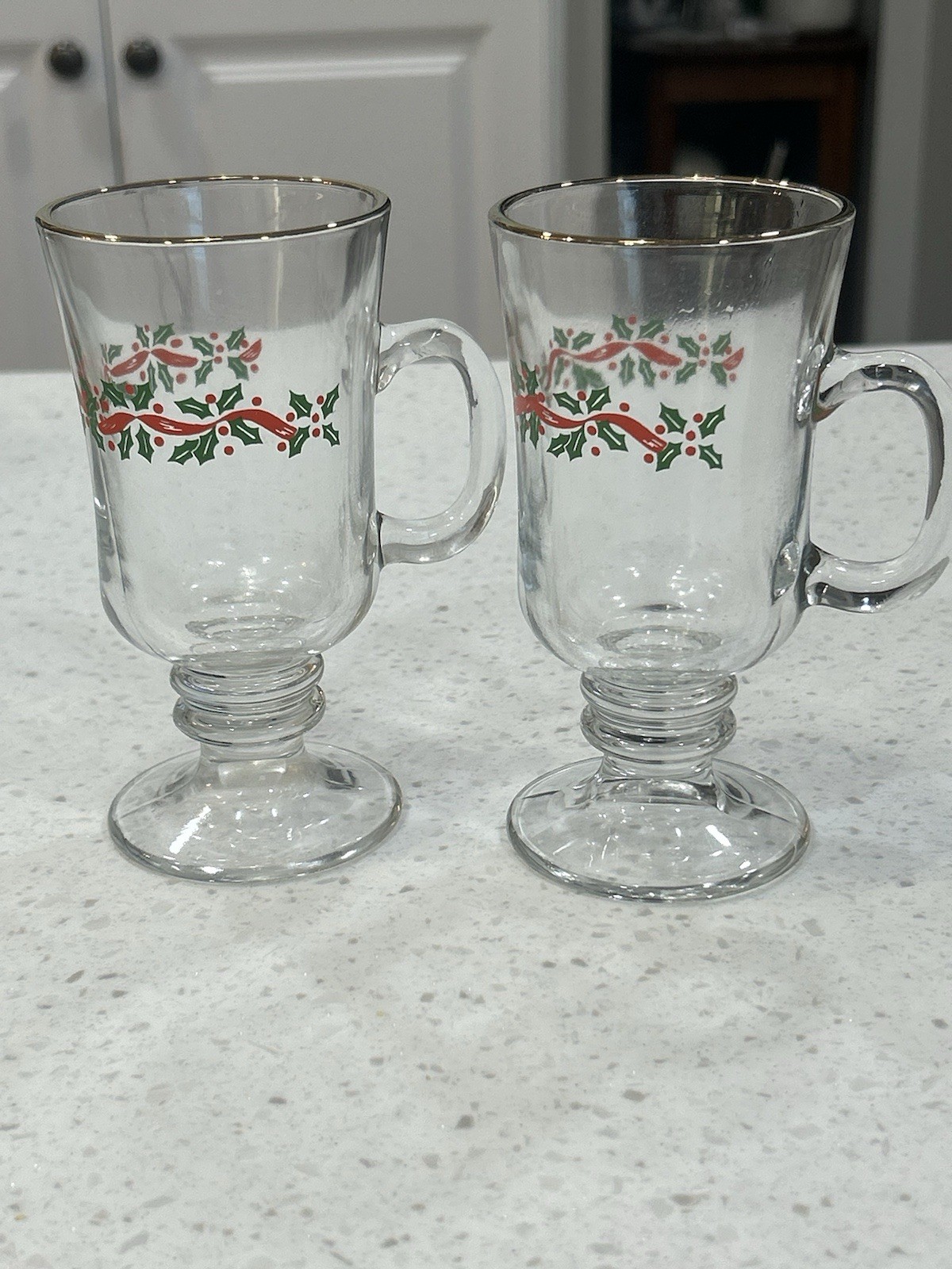2 ~ Vintage Libbey Irish Coffee Mugs ~ Christmas Holly Berry Ribbon ~ Gold Band