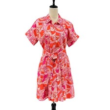 Talbots PETITE 8 Orange Pink Floral Paisley Print Button Down Shirt Dress