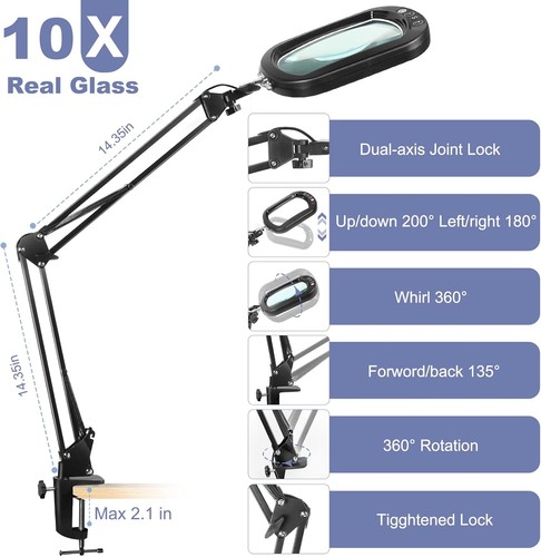 10X Rectangle Magnifying Glass with Light and Clamp, 5 Color Modes Stepless Dimm - Picture 7 of 8