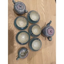 Lusterware Tea Set For 5 - Teapot, Sugar, Creamer, Cups  Saucers Japan Aqua