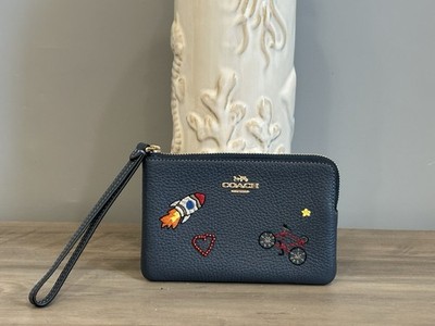 COACH Leather Corner Zip Wristlet With Stitching Rocket, Heart