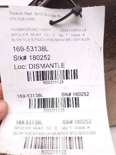 03-08 TOYOTA COROLLA S DRIVER SIDE REAR BUMPER MOUNTED SPOILER - Picture 6 of 12