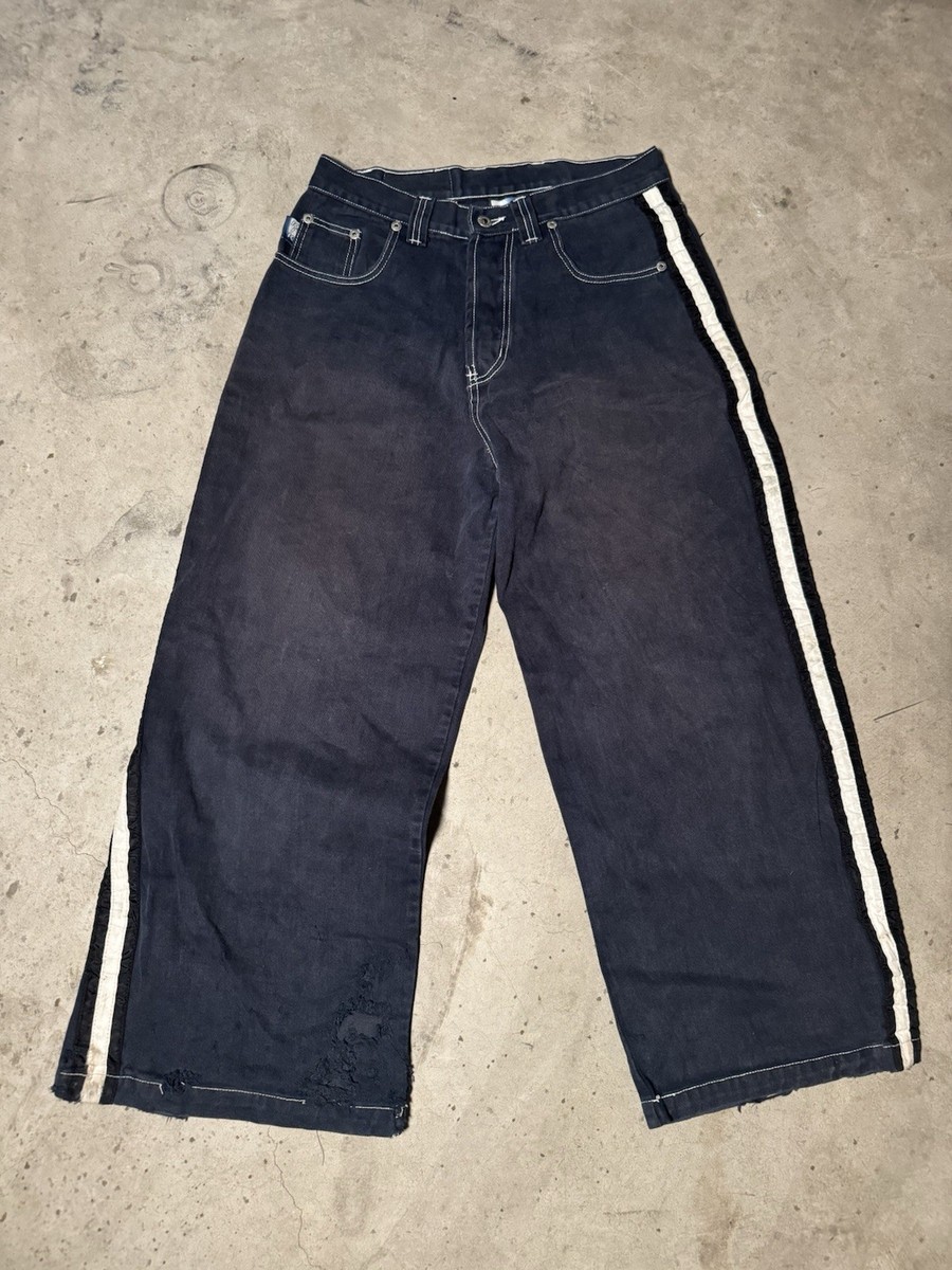 Kikwear Wide-Leg Distressed Striped Denim Jeans Blue 90s Hip Hop