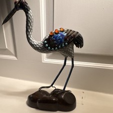 Asian Cloisonné & Sterling Crane On wood Bas...