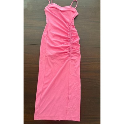 Donna Morgan | Shirred Midi Ruched Dress with high slit in Pink Cosmos | size 0