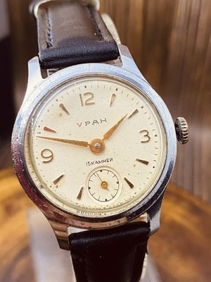 Vintage Early Soviet URAN WindUp Watch Creme Dial ChChZ 1950s Serviced  #8104