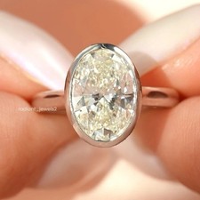 3Ct Bezel Set Oval Cut Moissanite Hidden Halo Engagement Ring 925 Silver Ring