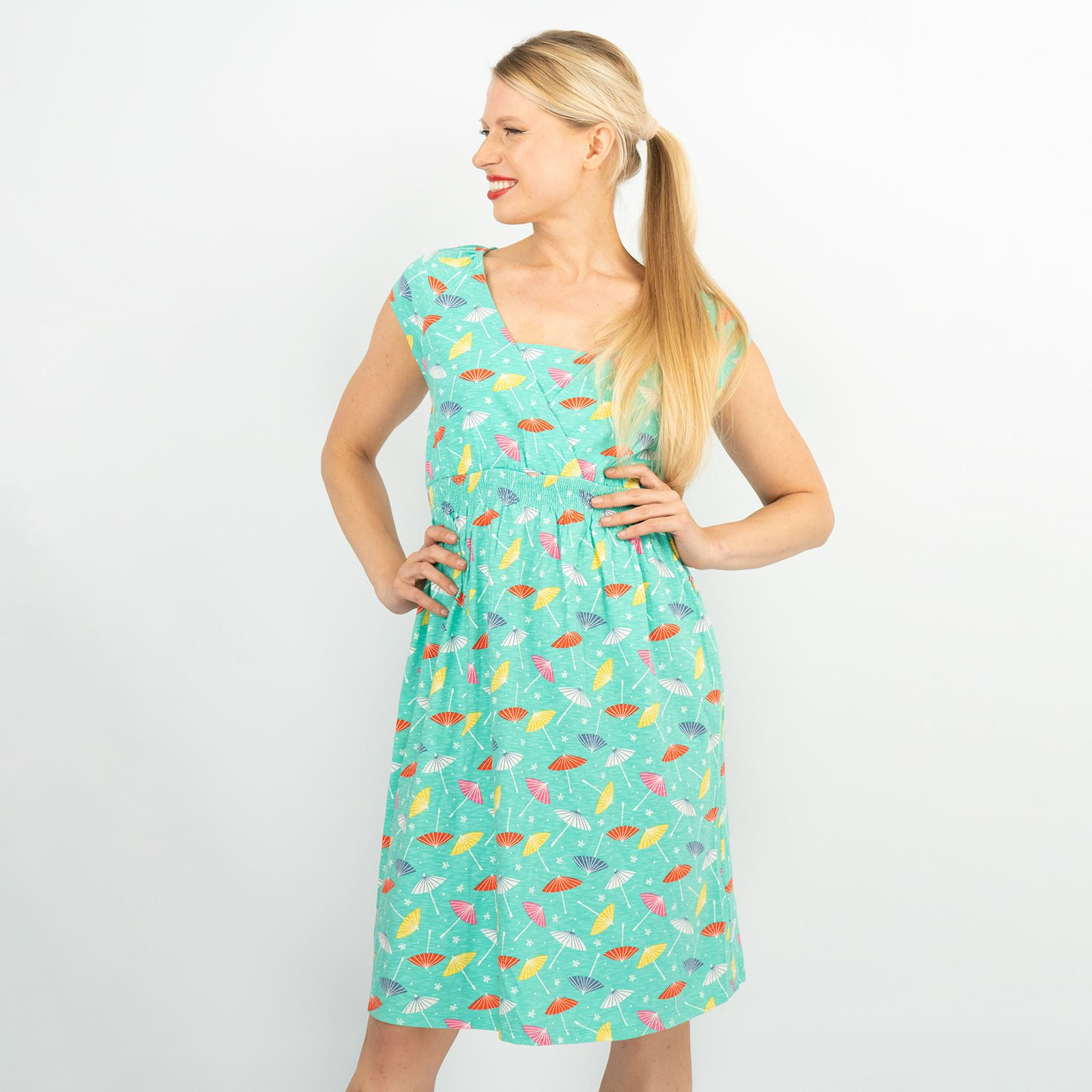 Frugi Maternity Dress Green Short Sleeve Elastic Waist Relaxed Jersey Summer