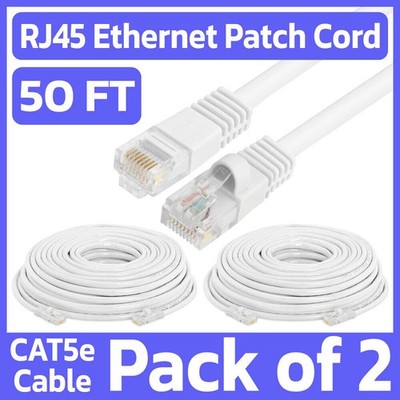 2 Pack Cat5e Patch Cord White 50 Feet Lan Ethernet Cable Network Internet RJ45