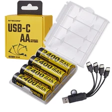 4-Pack USB-C Rechargeable AA 2400mAh Batteries w/ Battery Case and USB-C Chargin