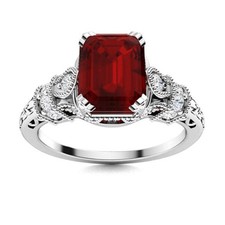 8x6MM Emerald Cut Natural Garnet 925 Sterling Silver Solitaire with Accents Ring