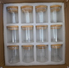 Image of 12x Glass Spice Jars Set with Bamboo Lids Labels Funnel Kitchen Storage